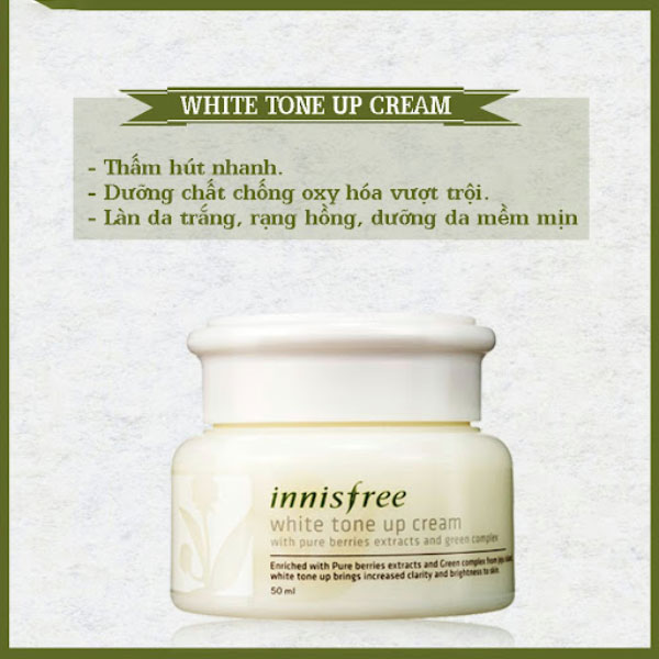 kem dưỡng trắng da Hàn Quốc innisfree white tone up cream làm một trong những sản phẩm dưỡng sản phẩm có tác tác dụng giúp làm trắng da, làm mờ đi mọi vết thâm và các các đốm sạm giúp cho da trở nên tươi sáng hơn, săn chắc hơn, mịn màng hơn
