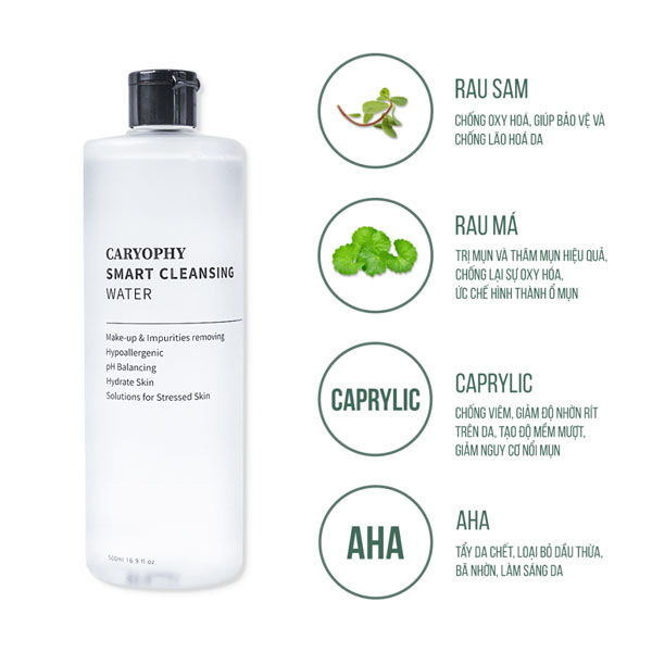Nước tẩy trang Caryophy chứa chiết xuất rau sam và rau má kháng viêm, ngừa mụn hữu hiệu, và là dịu da nhạy cảm. 