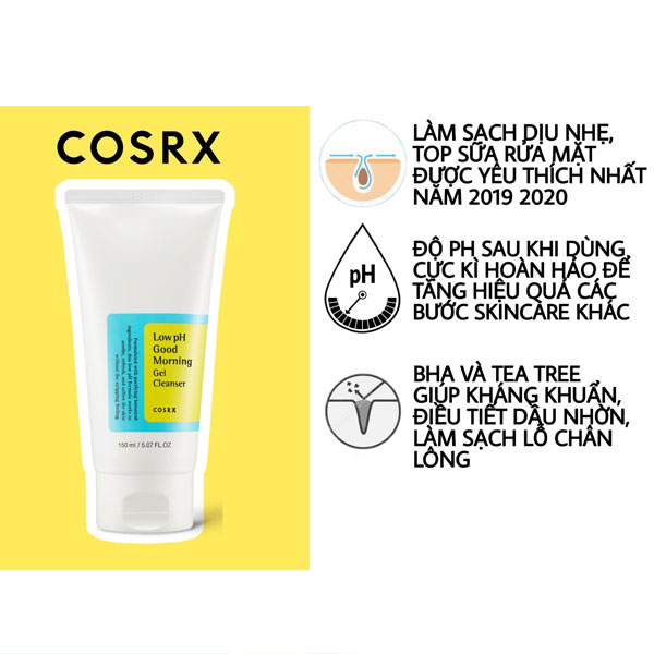 Sữa rửa mặt Cosrx Low pH Good Morning Gel Cleanser giúp điều trị mụn và hỗ trợ làm sáng da từ sâu bên trong