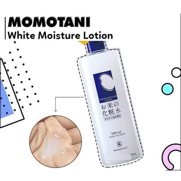 Nước hoa hồng dưỡng sáng da Momotani White Moisture Lotion có kết cấu lỏng như nước, dung dịch có màu trắng đục như nước vo gạo