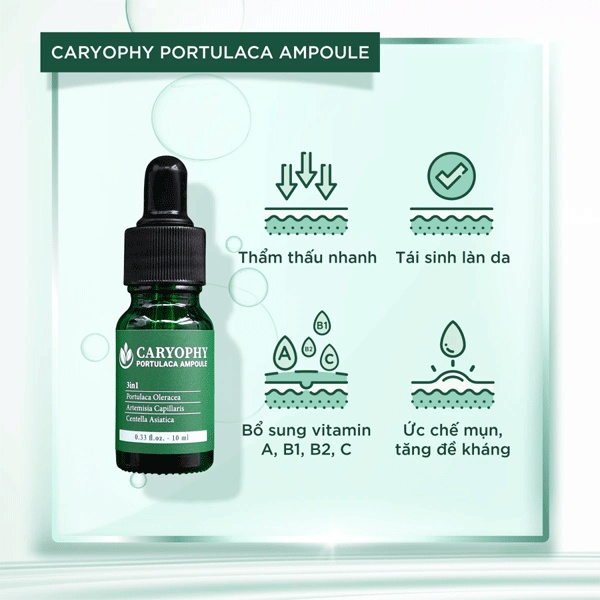 Tinh chất Caryophy Portulaca Ampoule không làm khô da và giúp da không bị bong tróc mà vẫn duy trì được độ ẩm cần thiết cho da và sản phẩm này cũng thích ứng với nhiều loại da.