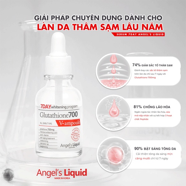 Tinh chất Angel's Liquid 7 Day Whitening Program Glutathione 700 V Ampoule giúp se khít lỗ chân lông, làm giảm tình trạng mụn trứng cá.