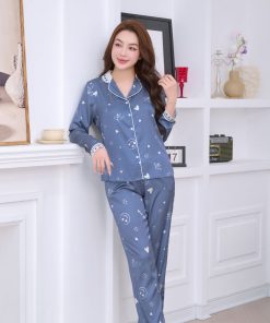 Đồ Bộ Mặc Nhà Pijama Lụa Cao Cấp Tay Dài Quần Dài Dáng Eo Smile Màu Xanh