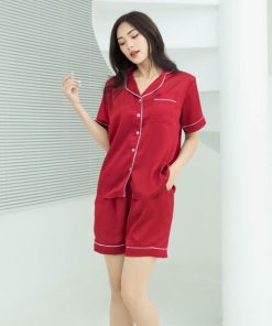 Đồ bộ mặc nhà Pijama lụa cao cấp tay ngắn quần đùi màu đỏ mặc mùa Hè