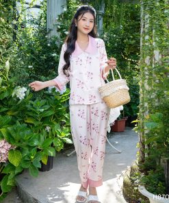 Đồ bộ mặc nhà pijama lụa tay lửng quần dài màu hồng