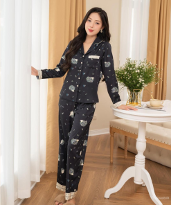 Đồ ngủ nữ lụa pijama mặc nhà tay dài quần dài màu đen 4 Do ngu nu lua pijama mac nha tay dai quan dai mau den 1