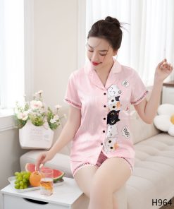 Đồ ngủ nữ pijama lụa tay cộc quần cộc màu hồng đáng yêu