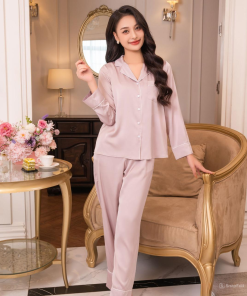 Bộ đồ ngủ pijama lụa tay dài quần dài trơn cao cấp (4 màu) 1 Hong nhat Bo do ngu pijama lua tay dai quan dai tron