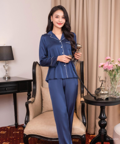 Bộ đồ ngủ pijama lụa tay dài quần dài trơn cao cấp (4 màu) 3 Xanh dam Bo do ngu pijama lua tay dai quan dai tron