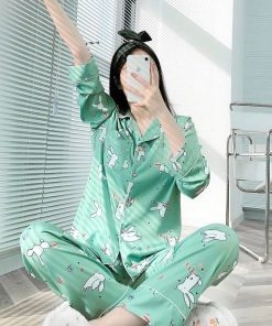 Pijama tay dài quần dài Thỏ Dễ Thương Xanh Lá IVY659